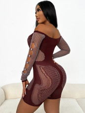 Sexy Solid One Shoulder Hollow Out Knits Romper YUEM-220292
