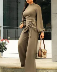 Plus Size Long Sleeve Drawstring Patchwork Jumpsuit GXYY-8007