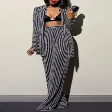 Plus Size Stripe Long Sleeve Knits Two Piece Pants Set GXYY-8078