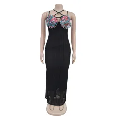 Sleeveless Sling Lace Solid Color Maxi Dress BY-7102