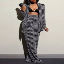 Plus Size Stripe Long Sleeve Knits Two Piece Pants Set GXYY-8078