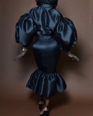 Plus Size Solid Color Bubble Sleeve Skirt Suit GXYY-6042