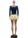 Long Sleeve O Neck Lantern Mini Dress QOUY-6052