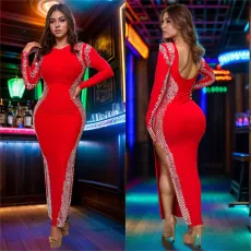Long Sleeve Backless Split Maxi Dress BY-7090