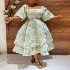 Plus Size Print Bubble Short Sleeve Midi Dress GXYY-8061
