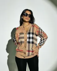 Plaid Print Long Sleeve Knits Coat GYSF-4073