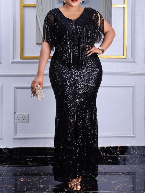 Plus Size Sequin Tassel Maxi Dress GXYY-8141