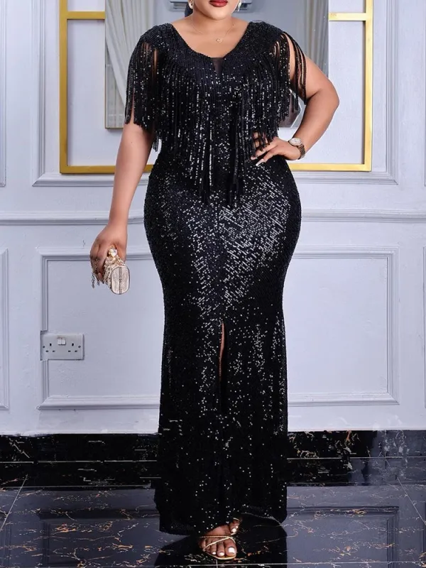 Plus Size Sequin Tassel Maxi Dress GXYY-8141