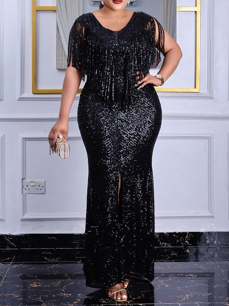 sequin tassel maxi dress Elegant Plus Size One-Shoulder Sequin Tassel Maxi Dress for Parties an Canary Houze