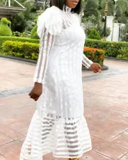 Plus Size Striped Bubble Sleeve Midi Dress GXYY-7008