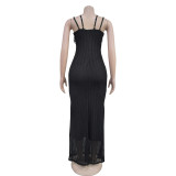 Sleeveless Sling Lace Solid Color Maxi Dress BY-7102