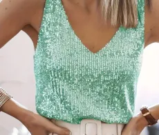 Plus Size Sequin V Neck Vest Tops GXYY-8370