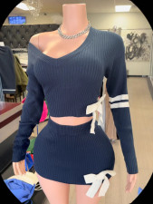 Pre Order: About 7 work days shipping Fashion Long Sleeve Bow Wool Skirt Suit YUEM-230292