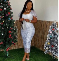 Plus Size Lace Square Neck Backless Midi Dress GXYY-8117