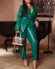Plus Size Tie Up Blazer Coat And Pants Leather Suit GXYY-8043