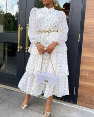 Plus Size Ruffled Chiffon Print Long Sleeve Maxi Dress GXYY-6096
