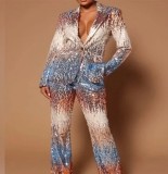 Plus Size Casual Sequin Print Wide Leg Pants Suit GXYY-8266