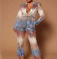 Plus Size Casual Sequin Print Wide Leg Pants Suit GXYY-8266
