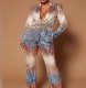 Plus Size Casual Sequin Print Wide Leg Pants Suit GXYY-8266
