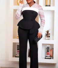 Plus Size Mesh Patchwork Tops Wide Leg Pants Suit GXYY-8283