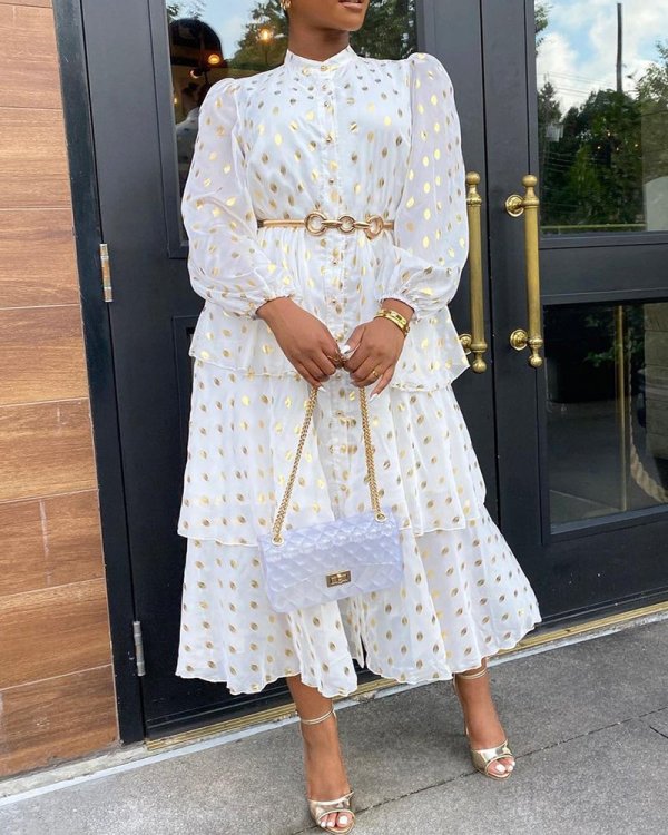 Plus Size Ruffled Chiffon Print Long Sleeve Maxi Dress GXYY-6096