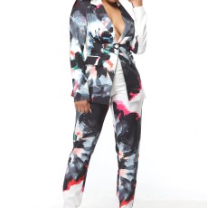 Plus Size Print Blazer Coat And Pants 2 Piece Set GXYY-8197