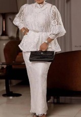 Plus Size Lace Lace Long Sleeve Tops Long Skirt Suit GXYY-8176