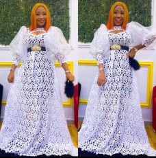 Plus Size Bubble Sleeve Lace Hollow Out Maxi Dress GXYY-8132