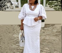 Plus Size Lace Loose Bubble Sleeeve Skirt Suit GXYY-8287