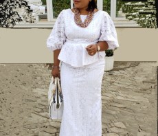 Plus Size Lace Loose Bubble Sleeeve Skirt Suit GXYY-8287
