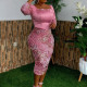 Plus Size Long Sleeve Backless Sequin Midi Dress GXYY-8170