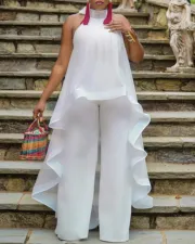 Plus Size Solid Sleeveless Backless Two Piece Pants Set GXYY-8070