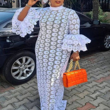 Plus Size Lace Hollow Out Flare Sleeve Maxi Dress GXYY-8015