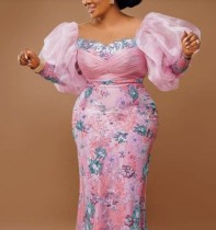 Plus Size Embroidery Puff Sleeve Maxi Dress GXYY-8264