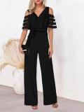 V Neck Off Shoulder Belt Jumpsuit GXYY-8200