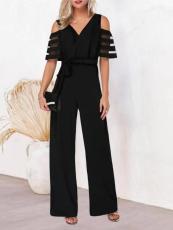 V Neck Off Shoulder Belt Jumpsuit GXYY-8200