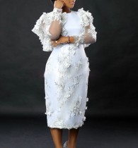 Petal Lace Lace Ruffle Long Sleeve Midi Dress GXYY-8261