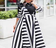 Plus Size Stripe Print Long Sleeve Maxi Dress GXYY-8072