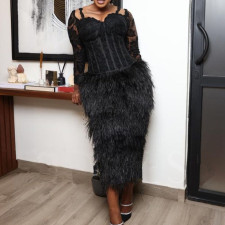 Plus Size Lace Tassel Long Sleeve Maxi Dress GXYY-8159