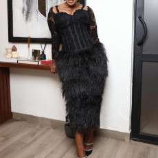 Plus Size Lace Tassel Long Sleeve Maxi Dress GXYY-8159