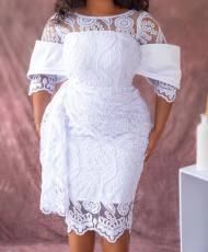 Plus Size Lace Short Sleeve Slim Midi Dress GXYY-8222