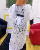 Plus Size Bubble Sleeve Lace Hollow Out Maxi Dress GXYY-8132