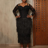 Plus Size Lace Tassel Long Sleeve Maxi Dress GXYY-8159
