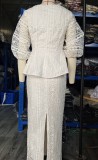 Plus Size Lace Loose Bubble Sleeeve Skirt Suit GXYY-8287
