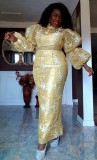 Plus Size Bubble Sleeve Print Maxi Dress GXYY-8051