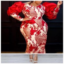 Plus Size Bubble Sleeve Printed Midi Dress GXYY-8089