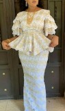 Plus Size Embroidered Lace Long Skirts Two Piece Set GXYY-8259