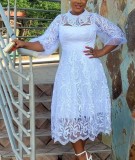 Plus Size Long Sleeve Lace Lace Mesh Long Dress GXYY-8289
