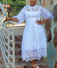 Plus Size Long Sleeve Lace Lace Mesh Long Dress GXYY-8289