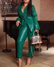Plus Size Tie Up Blazer Coat And Pants Leather Suit GXYY-8043